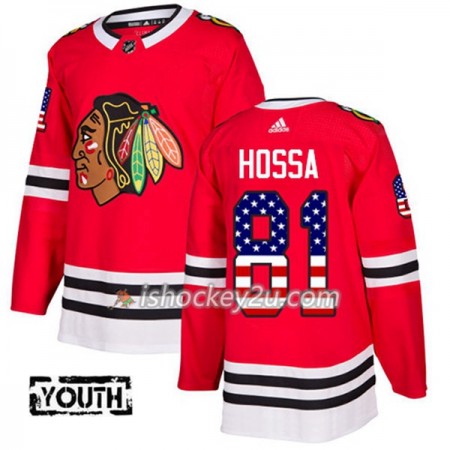 Børn NHL Chicago Blackhawks Trøje Marian Hossa 81 Adidas 2017-2018 Rød USA Flag Fashion Authentic